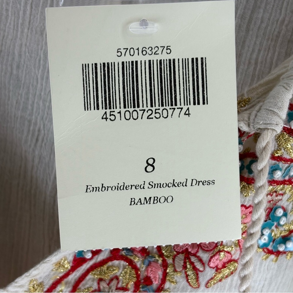 Boston Proper Embroidered Smocked Waist Dress Beaded 100% Cotton Boho Size 8 NWT - Picture 5 of 10